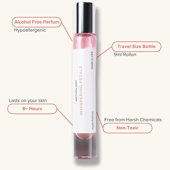 Anthology Whispering Petals Roll on Perfume Oil for Women 0.3oz 9 ML | Bergamot, Vanilla,Jasmine, Rose, Orchid | Alcohol-Free, Travel size Rollerball | Clean Fragrance