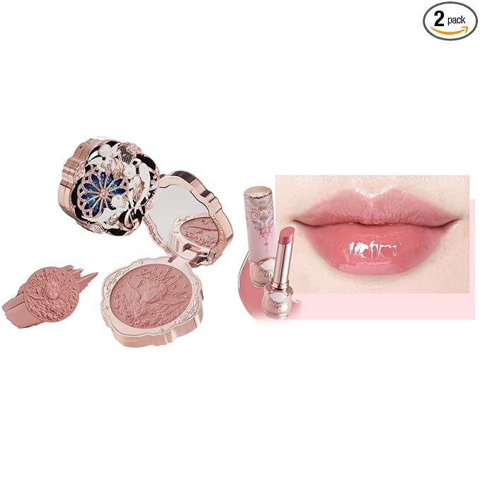 Flower Knows Little Angel Cream Blush and Butterfly Cloud Collar Glossy Lipstick Set,Buildable & Blendable Dewy Makeup,Soft Long-Lasting Cute Make Up(Blush 04 Rose Ashes + Lipstick C06 Cardamom)