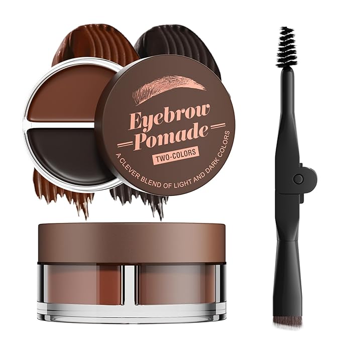 Waterproof Eyebrow Pomade and Dual-ended Eyebrow Brush, Stay Put Eye Brow Color Kit for Eyebrows Makeup (Dark Brown+Black)