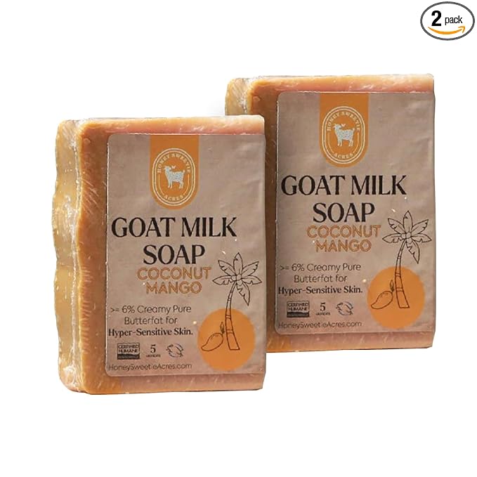 Honey Sweetie Acres 2-Pack Coco Mango Goat Milk Soap - Handmade 5 oz Bar, Made with Natural Ingredients, Moisturizing & Gentle, Made in the USA
