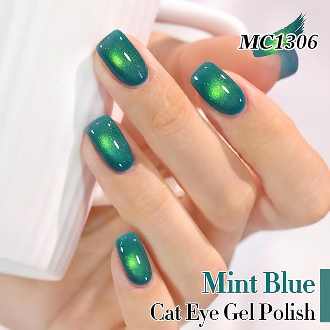 Double Rhythm 15ML Jelly Glass Cat Eye Gel Polish with Magnet Holographic Glitter Shimmer Translucent Sheer Color Salon Soak Off Magnetic Nail at Home (Mint Blue-MC1306)