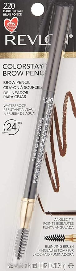 Revlon ColorStay Eyebrow Pencil with Spoolie Brush, Waterproof, Hair-Like Strokes for Natural Looking Brows, 220 Dark Brown, 0.021 oz