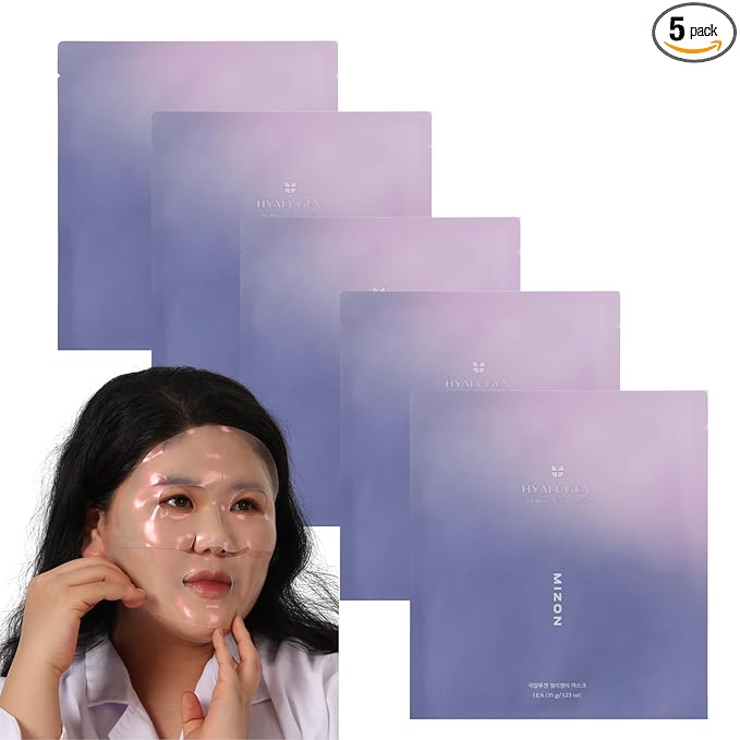 MIZON Hyalugen Pearl Jelly Face Mask (5 Pack) – with Collagen & Hyaluronic Acid Korean Beauty Full Face Sheet Mask Glowy Pearl Finish