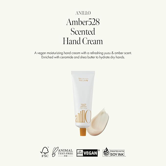 ANILLO Amber528 Scented Hand Cream – Vegan Moisturizer with Yuzu Extract, Hinoki Cypress Oil, Shea Butter & Ceramide – Amber Scent, Paraben-Free, 1.69 fl. oz