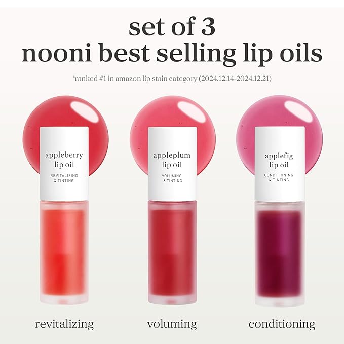 NOONI Korean Lip Oil Set - Appleberry, Appleplum & Applefig - Long-Lasting, Moisturizing, Revitalizing - Waterproof, No Peel Off, Stocking Stuffers (3EA, 0.12 fl oz)