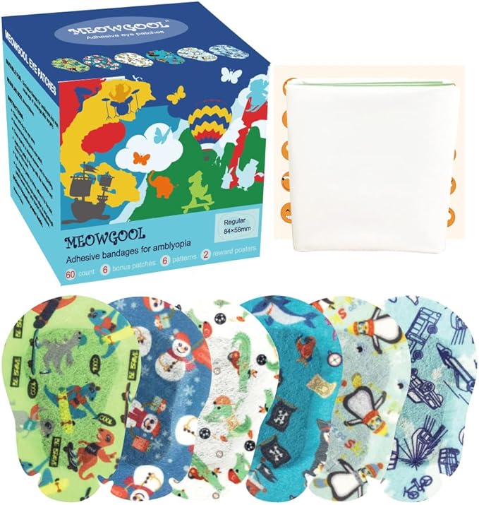 Adhesive Eye Patches for Kids with Lazy Eye, 60+6 Bonus Patches, Adhesive Bandages for Amblyopia, 6 Fun Boys Designs (Regular Size)