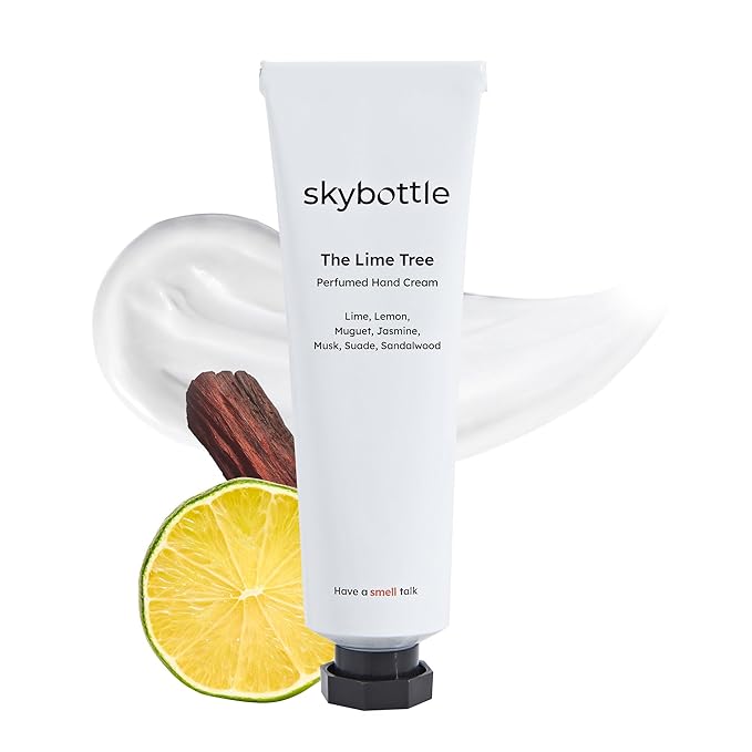 skybottle Scented Hand Cream, Fast-Absorbing Shea Butter & Hyaluronic Acid Moisturizer, Lemon, Lime, Mandarin Scent, Sandalwood Perfume, Korean Lotion Gift for Dry Skin, Travel Friendly, 1.7 Fl Oz
