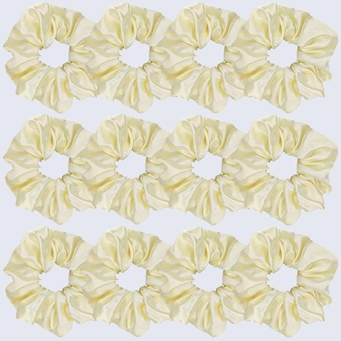 12 Pcs Satin Silk Scrunchies Soft Hair Ties Fashion Hair Bands Bow Ropes Elastic Bracelet Ponytail Holders Hair Accessories for Women and Girls (4.5 Inch, Light Yellow)