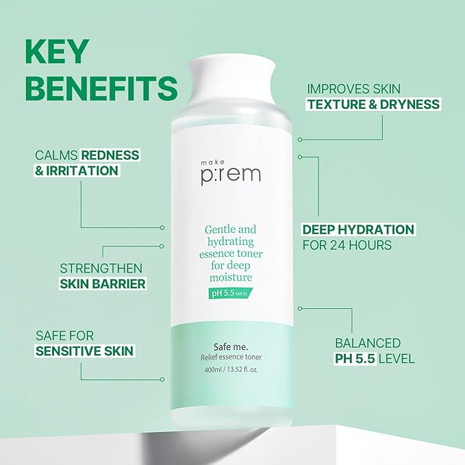 Make P:REM Safe Me. Relief Essence Toner, Quick and Deep Hydrating Face Toner, All Skin Types, 24-Hour Moisturizing, EVE Vegan, Korean Skin Care (13.52 fl oz, 400ml)