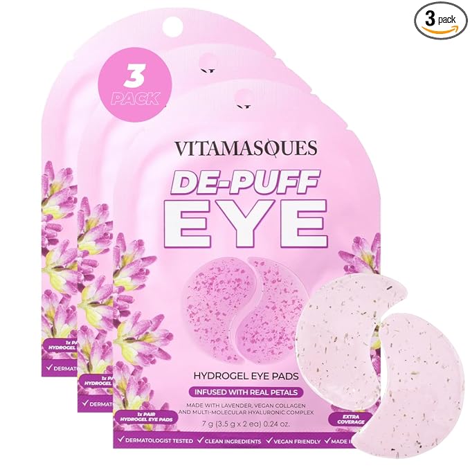Vitamasques De-Puff Hydrogel Eye Pads with Lavender & Vegan Collagen, Under Eye Mask, Birthday Gifts For Women, Reduce Dark Circles, Puffy Eyes, Undereye Bags, Wrinkles - Under Eye Patches (Pack of 3)