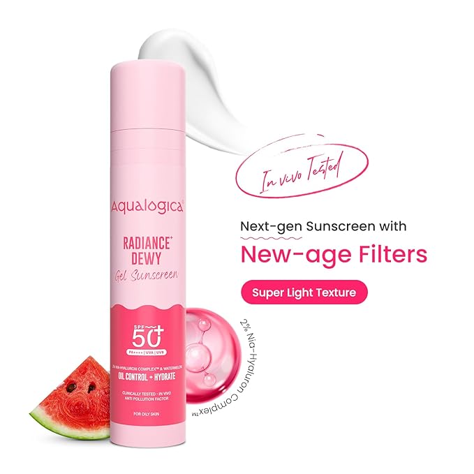 Aqualogica Radiance+ Dewy Sunscreen with Watermelon & Niacinamide with SPF 50 & PA++++ - 50g Broad Spectrum SPF 50+ PA++++ UVA/B & Blue Light Protection Anti-Pollution Factor (APF) Technology