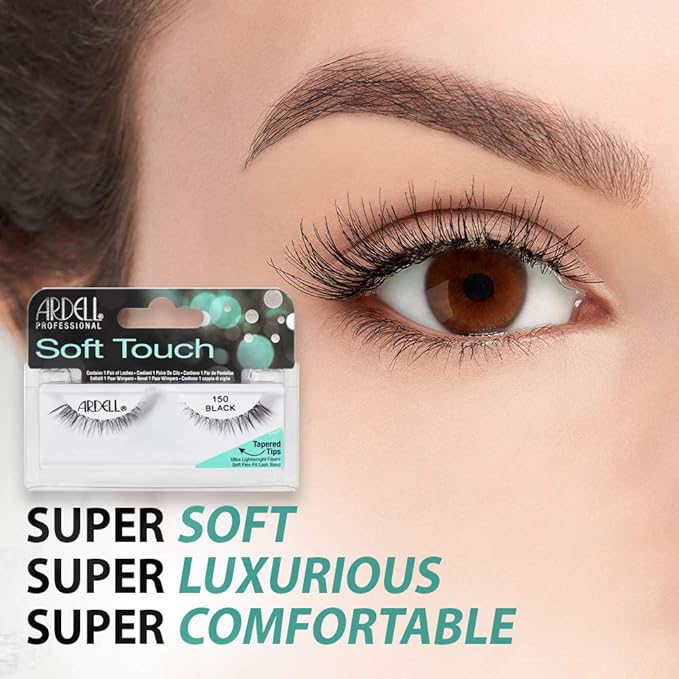 Ardell False Eyelashes Soft Touch 150 - Black, Lightweight Tapered Tips for Natural Look Strip Lashes for Everyday Wear, 4 Pack