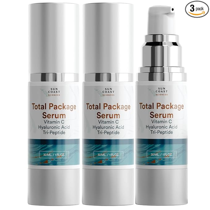 Sun Coast Sciences - Creamy Total Package Serum - Vitamin C Serum with Hyaluronic Acid & Peptides for Face - Hydrating Anti Aging Face Serum for Smoother, Firmer Looking Skin - 1 Fl Oz (Pack of 3)