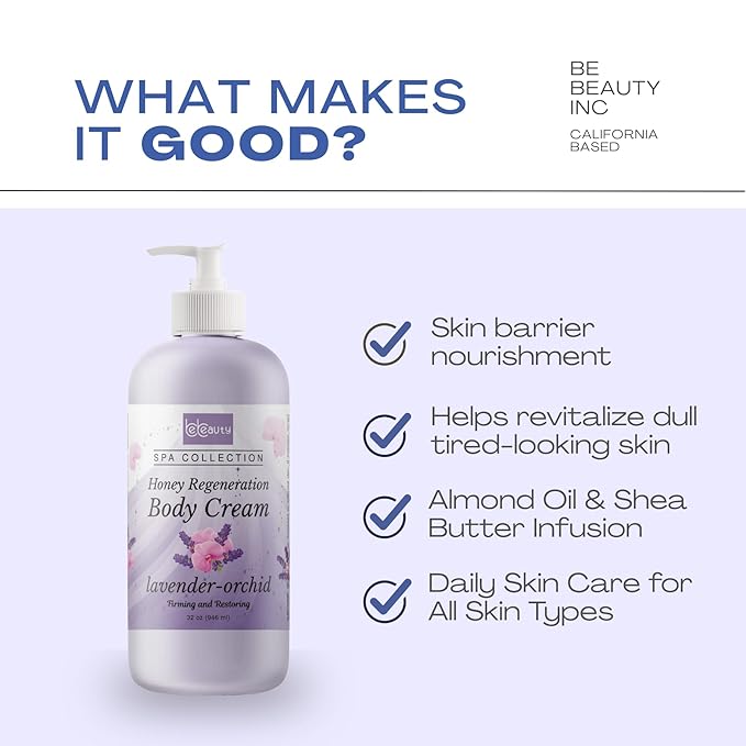 BeBeauty Lavender Orchid Honey Regeneration Body Cream Hydrating & Nourishing Body Lotion for Smooth, Soft, Revitalized Skin 32 oz