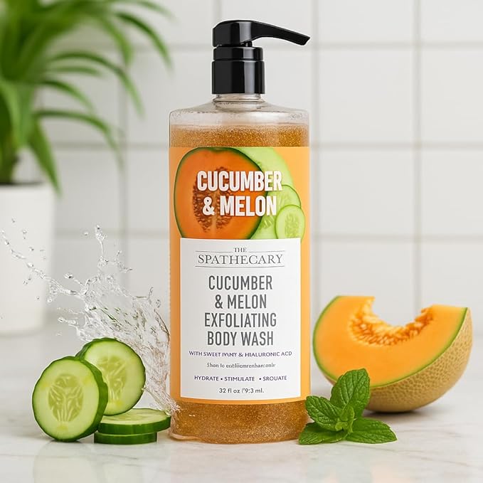 Cucumber & Melon Exfoliating Body Wash with Sweet Mint & Hyaluronic Acid | Hydrate Stimulate & Exfoliate for Smoothe, Fresh Skin, 32 oz.