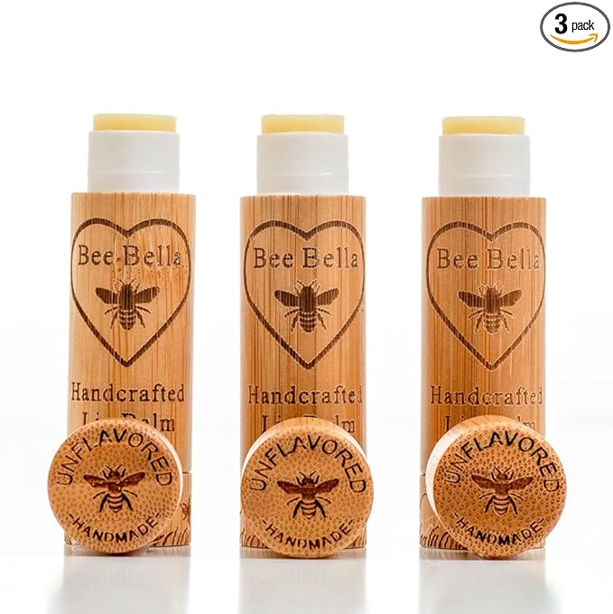 Bee Bella Lip Balm, Unscented (Unflavored), 3 Pack - Moisturizing Lip Care, 100% Natural, Original Organic Beeswax with Vitamin E, Handmade in USA