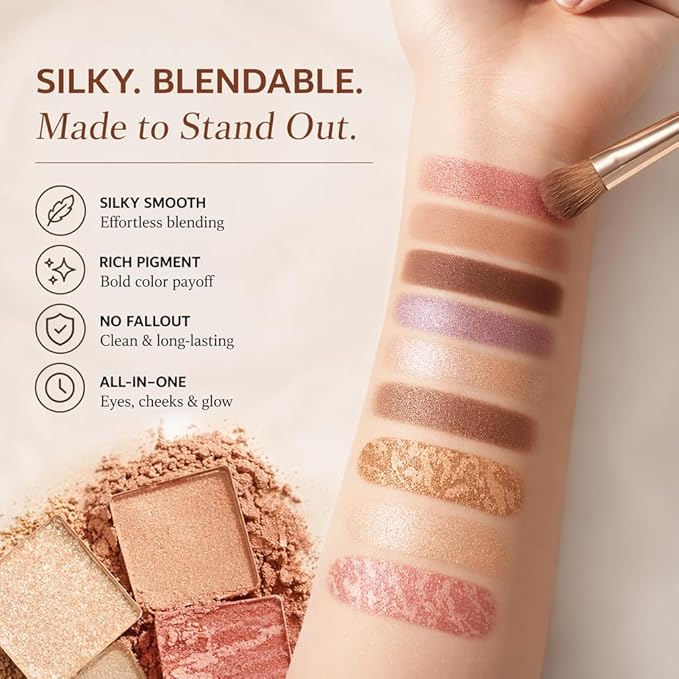 9 Colors Baked Makeup Palette, All in One Eyeshadow, Blush, Highlighter and Bronzer, Neutral Warm Tones, Natural Finish, Travel-Friendly Compact (White)