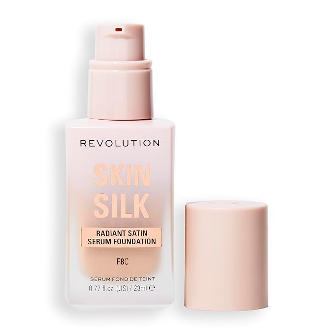 Revolution Skin Silk Radiant Satin Serum Foundation, Buildable Coverage with Hydrating Hyaluronic Acid for a Natural Finish, Vegan & Cruelty-Free, F8C Medium Skin Tones, 0.77 fl oz
