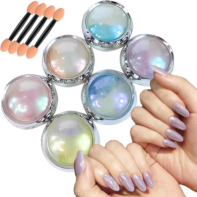 6 Colors Mermaid Chrome Nail Powder, Aurora Iridescent Pearl Art, Mirror Effect Pigment for Gel Polish, Glitter, Supplies for Women, Decoration, Design