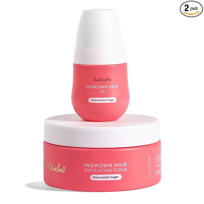 Bushbalm Ingrown Hair and Razor Bumps Routine - Moisturize and Soothe After Shave Skincare for Sensitive Areas - Includes Ingrown Hair Oil (30 ml) and Exfoliating Scrub (236 ml) - Watermelon Sugar