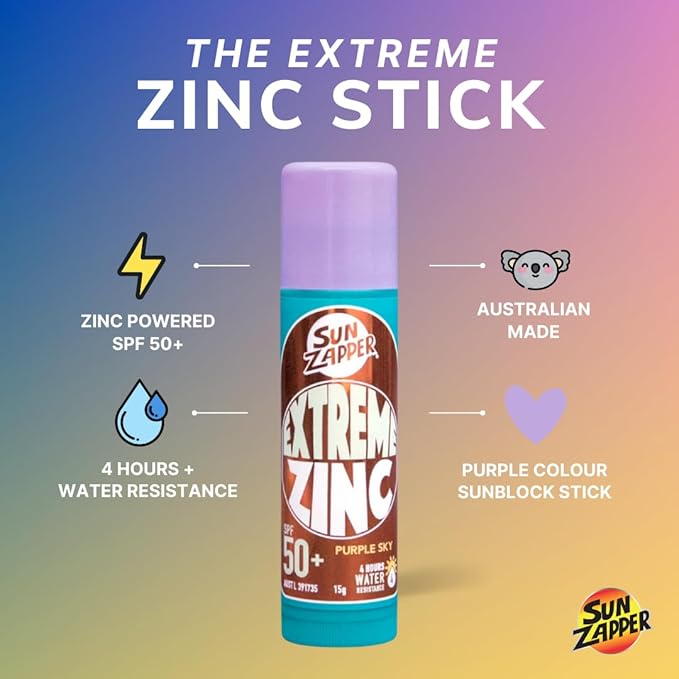 Sun Zapper Extreme Zinc Sunscreen Stick SPF 50+ Purple Sky – Colored Water Resistant Mineral Sunscreen for Face, Zinc Oxide Surf Sunscreen Stick for Water Sports, 15g (0.53 oz), Australian Made