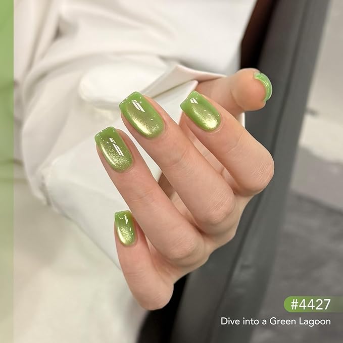 GAOY Green Glassy Cat Eye Gel Nail Polish, 16ml Holographic Gel Polish with Magnet, Reflective Translucent UV Light Cure, 4427 Lime Green