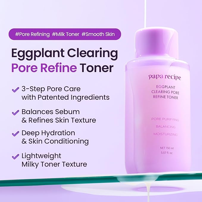 Papa Recipe Eggplant Clearing Pore Refine Toner (5.07 fl oz/150 ml) - 2% Niacinamide & Ceramides, Lightweight Milky Toner, Smooths Texture, Balances Oil & Hydration, Low-Irritation, Korean Skincare