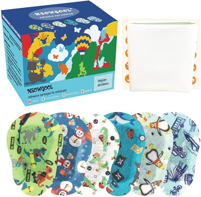 Adhesive Eye Patches for Kids with Lazy Eye, 90+9 Bonus Patches, Adhesive Bandages for Amblyopia, 6 Fun Boys Designs (Regular Size)