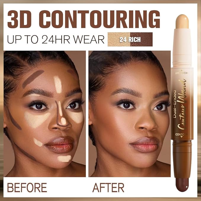2Pcs Dual Ended Contour Stick Set, 22# + 24# Cream Concealer Highlighter, Waterproof No Transfer Long-Lasting 2-in-1 Face Contour Bronzer Sticks for Daily Makeup