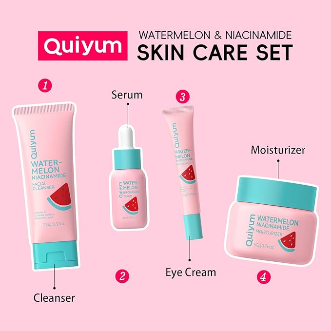 QUIYUM Watermelon Skin Care for Teen Girls, Daily Routine Skincare Sets- Smooth, Clean, Oil Control, Firm, Hydrate, Glow Up,, for All Skin 4PCS, Mother's Day Birthday Gift for Women, Wife, Girlfriend