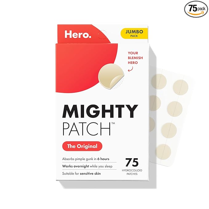 Mighty Patch Original Patch from Hero Cosmetics - #1 Hydrocolloid Acne Pimple Patches for Face, Shrinking Zits & Whiteheads in 1 Use, Nighttime Spot Pimple Stickers for Face, 75 Count