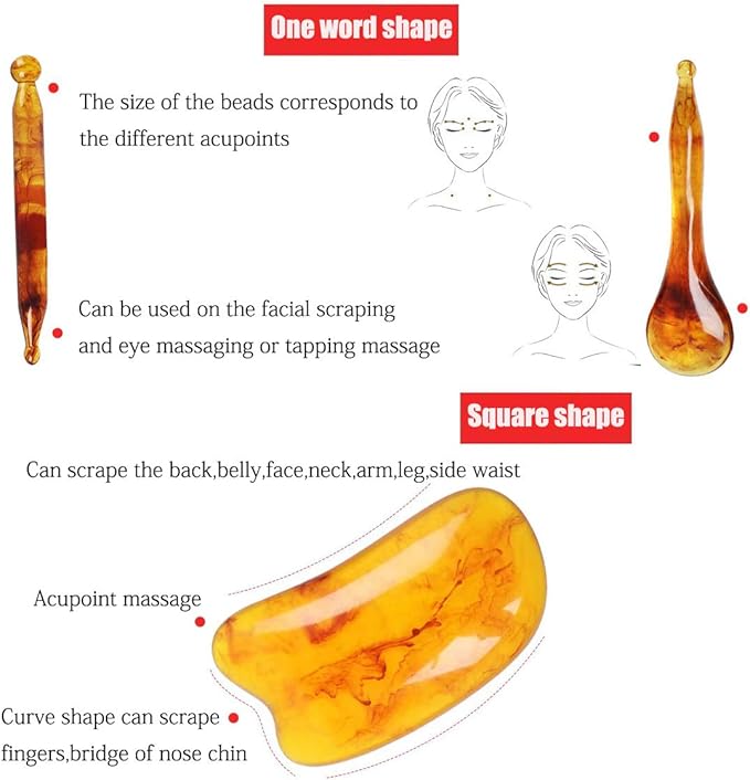 7 Pack Gua Sha Scraping Massage Facial Tools Kit, ResinGuasha Scraper Board Health Care Beauty Scrape Plate with Flax Bag for Face Body Leg Back Care Physical Acupuncture Deep Tissue Therapy (Amber)