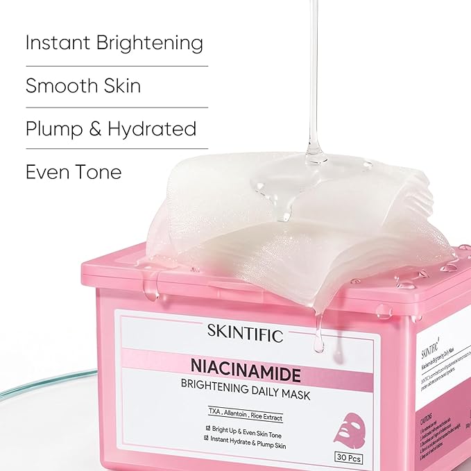 SKINTIFIC Niacinamide Brightening Daily Sheet Mask, 10-Min Facial Mask with Tranexamic Acid & Rice Extract, Hydrating & Smoothing for Even Tone and Radiant-Looking Skin (400g,30 sheets)
