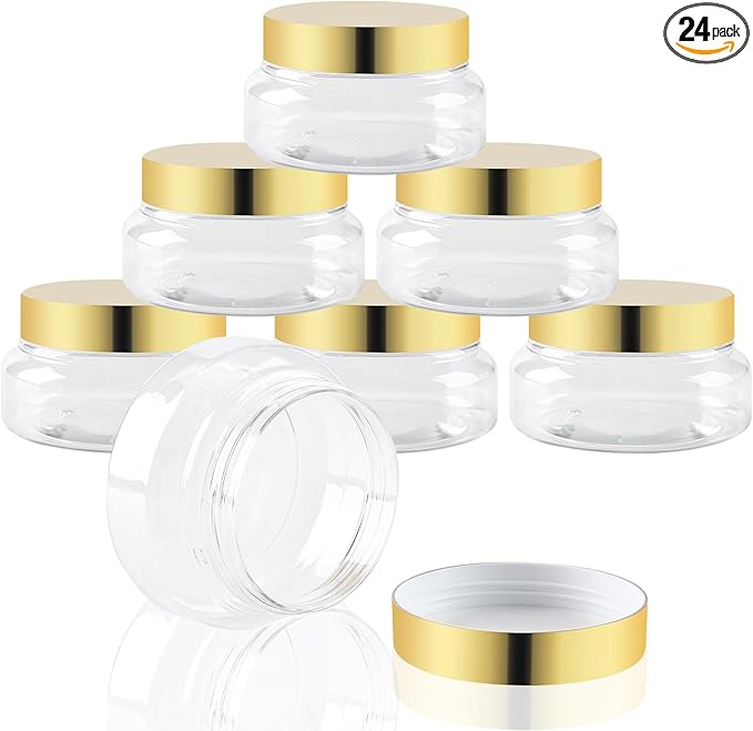 24 Pack 5 Oz Plastic Containers With gold Lids and Waterproof Label BPA Free - Refillable Transparent Cosmetic Containers for Body Butter,Sugar Scrubs,Cream,Lotions,Candy,Bath Salt(Gold, 5 oz)