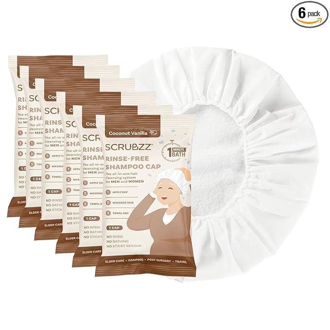 Scrubzz Shampoo Caps No Rinse for Elderly and Bedridden Patients, Rinse Free Shampoo Caps for Post Surgery and Hospital Stays, Waterless Hair Washing Shower Caps - Coconut Vanilla - 6 Pack