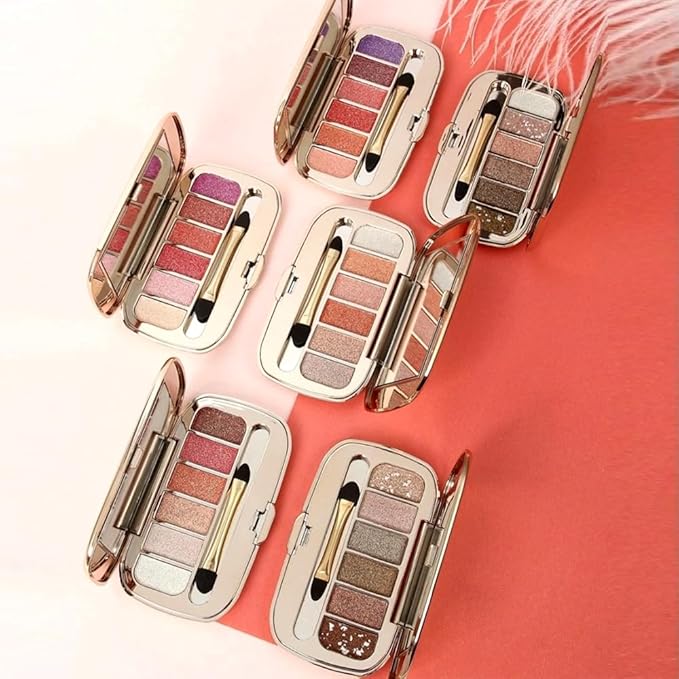Mivota 6 Colors Pink Gold Brown Glitter Eyeshadow Palette, Diamond Shimmer Eye Shadow Set with Dual-Ended Brush, Waterproof Long-Lasting Makeup Palette for Daily/Party Looks, Travel Size, 06