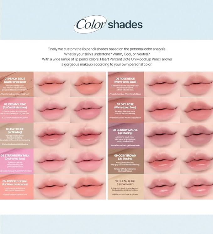 Heart Percent Dote On Mood Lip Liner Pencil, Long-Lasting Creamy Lip Crayon Smooth Lipliner Retractable Lipstick Overlip Line Color 0.8g, #03. Oat Beige