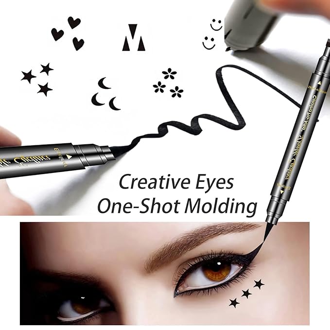 6 Pcs Double-headed Eyeliner Stamps Set Black Liquid Eye Liner Pen With Star,Moon,Heart,Flower,Smiley,Triangle Stamp Stencils Shapes for Women Makeup Kit Long-Lasting Waterproof Smudgeproof