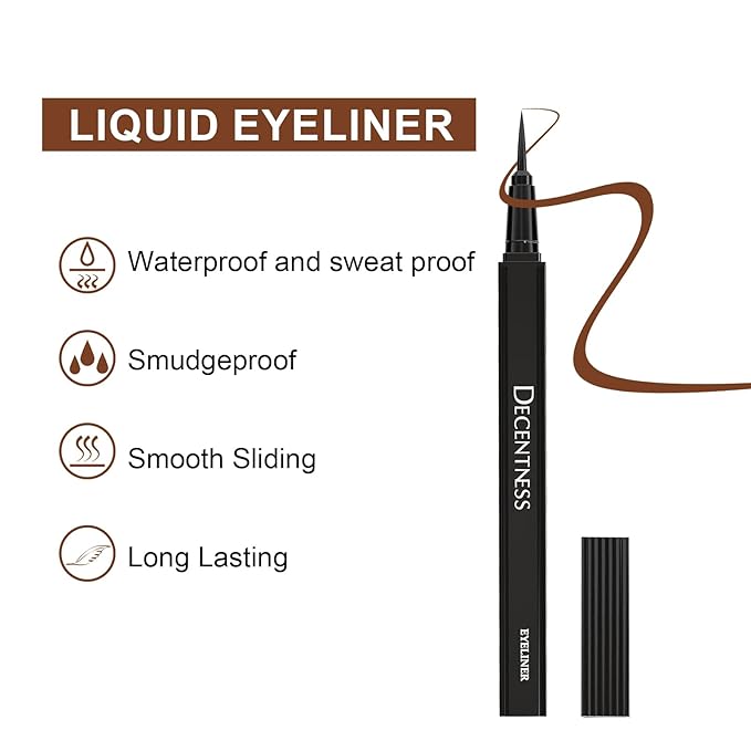 DECENTNESS Liquid Eyeliner, Eyeliner Pen with Ultra-fine Tip,Waterproof Long Lasting Makeup, Brown, 0.02 fl oz