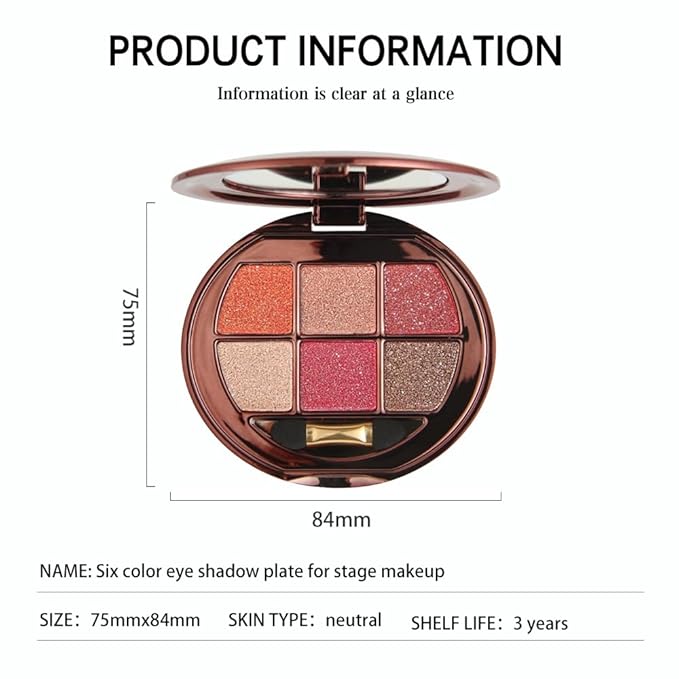 Coral Pink Shimmer Eyeshadow Palette, 6 Color High Pigment Blendable Glitter Eye Shadow Makeup for Older Women, Lightweight Travel Friendly, Suitable for All Eye Shapes, Fresh Daily Glam Look 08#