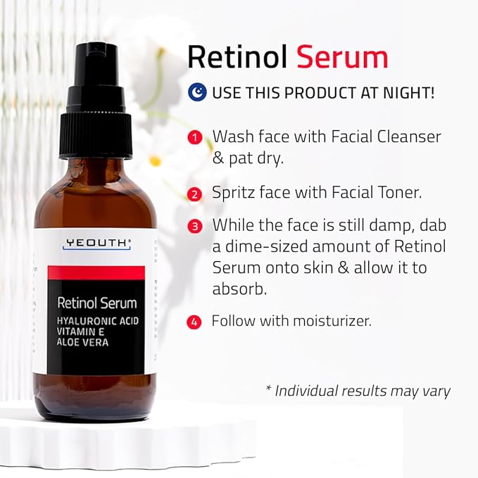 YEOUTH Retinol Serum for Face with Hyaluronic Acid, Vitamin E, and Aloe Vera, Retinol Skin Booster for Women and Men, Gentle Facial Skincare for Smoother-Looking Skin 1 oz