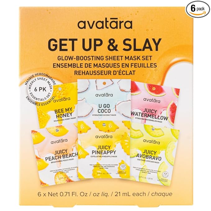Avatara Get Up & Slay 6-Pack Facial Sheet Mask Variety Pack | K-Beauty Skincare for Dry, Sensitive, Uneven Skin | Gentle Brightening | Fragrance-Free, Paraben-Free & Cruelty-Free Korean Masks