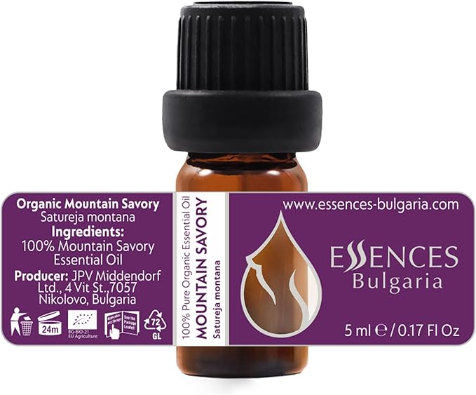 Essences Bulgaria Organic Mountain Savory Essential Oil 1/6 Fl Oz | 5ml | Satureja Montana | 100% Pure and Natural | Undiluted | Therapeutic Grade | Family Owned Farm | Steam-Distilled | Non-GMO