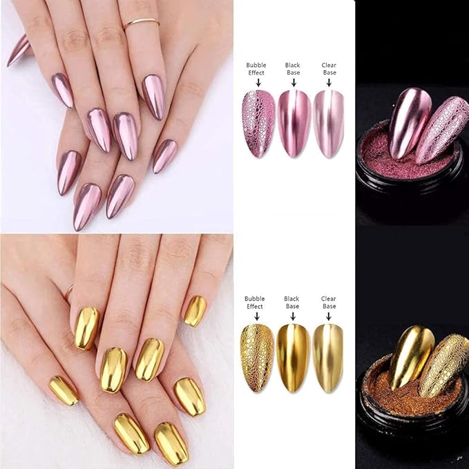 VERONNI Chrome Nail Powder 6 Colors/Jars Holographic Mirror Effect Nail Powders Metallic Bubble Effect Nail Art Decoration Nail Art Powder With 6 Eyeshadow Sticks