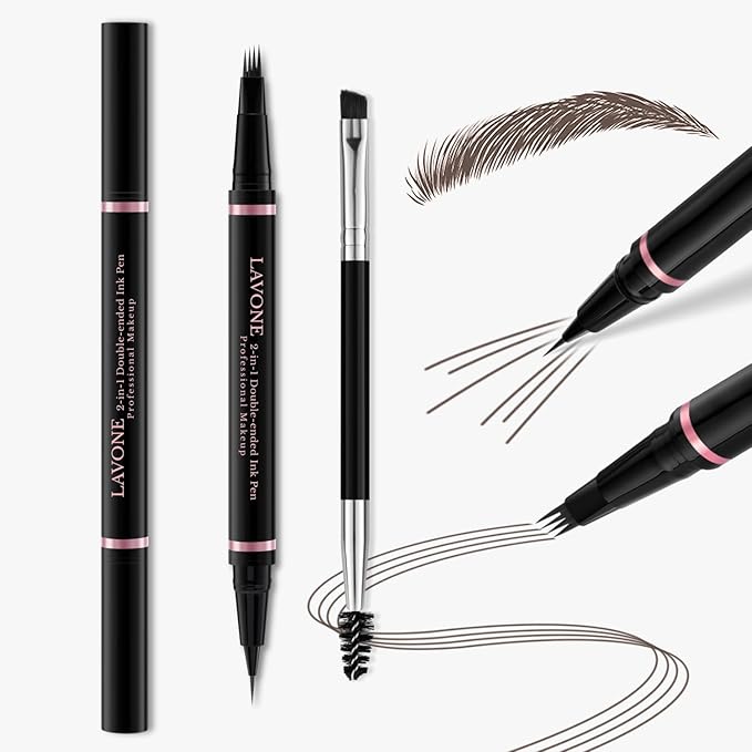 Eyebrow Pencil,2-in-1 Waterproof Eyebrow Pen with 4 Tip Brow Pen and Ultra-Precise Brow Pencil,with Dual-ended Eyebrow Brush,Eyebrow Makeup for Natural Looking Eyebrows - Black Brown