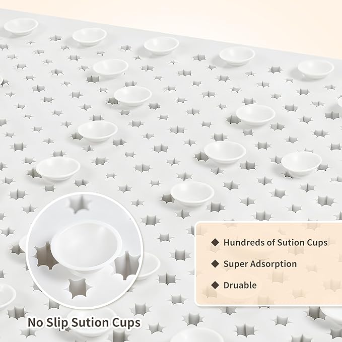 Yolife Shower Foot Scrubber Mat, Anti-Slip Bath Mat with Scrub Bristles, Soft Shower Foot Massager with Strong Suction Cups for Soothe Achy Feet (White, 25.6" x 13.4")