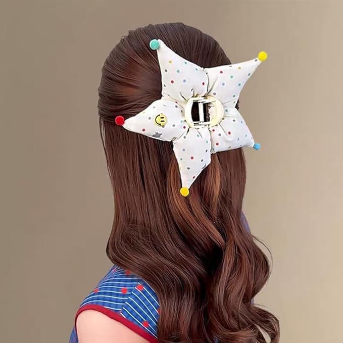 Ouliget Large Fabric Flower Claw Clip,Cute Oversized Hair Clip for Girls Women,Creative Hair Ties Ponytail Decorative Headwear for Christmas Party Decoration (Polka Dot Star)