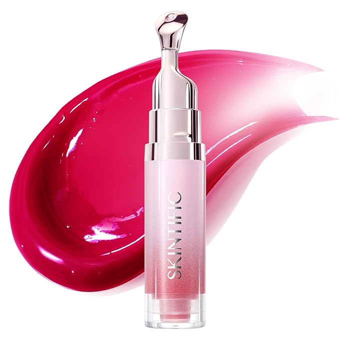 SKINTIFIC Peptide Brightening Lip Serum, Hydrating & Plumping Tinted Lip Gloss, Moisturizing Lip Balm with Polypeptides & Squalane for Glossy Sheer, Smooth Lips(06 Cherry Red)