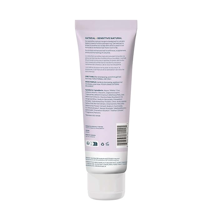ATTITUDE Hair Conditioner for Sensitive Dry Scalp, For Thin Hair, Soothing Oat, Naturally Derived Ingredients, Dermatologically Tested, Vegan Detangler, Volume and Shine, 8 Fl Oz