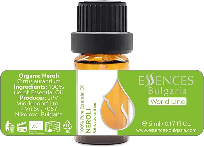 Essences Bulgaria Organic Neroli Essential Oil 0.17 Fl Oz 5ml Citrus aurantium - 100% Pure Natural Undiluted Therapeutic Grade for Aromatherapy Diffuser Humidifier Hair Growth Candle and Soap Making